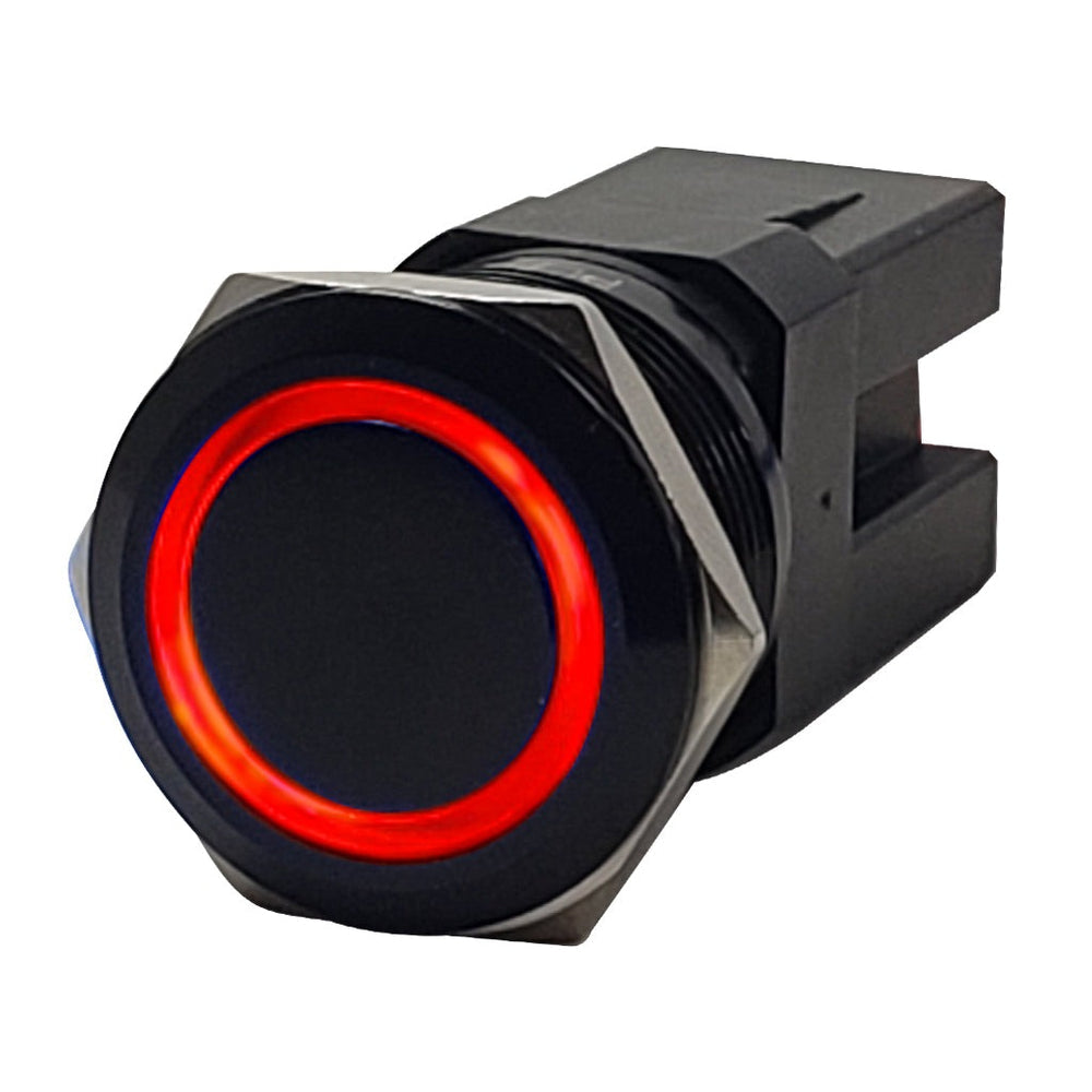 PlashLights Marine Push Button Switch - Red LED - 40a - Black Anodized-Momentary | PL22BLK-M-RD