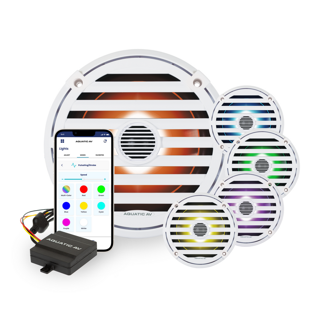 Aquatic AV EL423 ELITE 6.5" Waterproof RGB LED Marine Speakers with Classic Grills, 240W Total Power, 4 Ohm, White, Pair