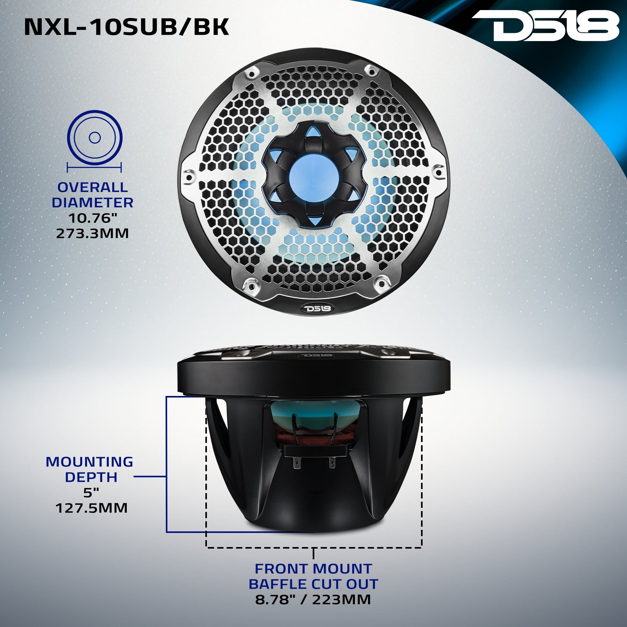 DS18 HYDRO 10" Subwoofer with RGB Lights - 600W - Black (NXL-10SUB/BK)