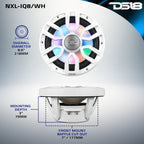 DS18 8" 2-Way Coaxial Marine Speakers with Digital LED Lights and Bullet Tweeter - White - 175W, 4-Ohm (NXL-IQ8/WH)
