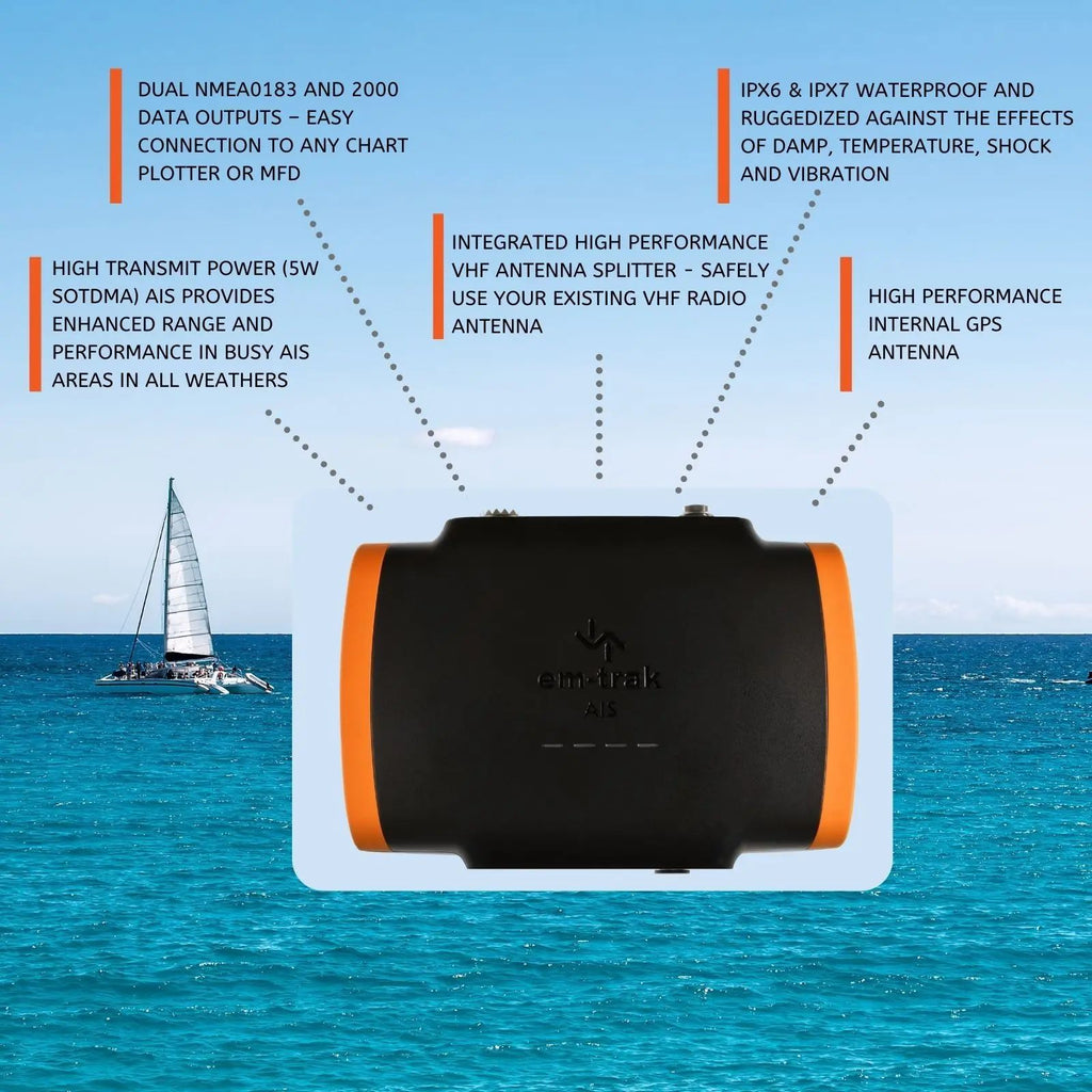 em-trak B953 5W SOTDMA Class B AIS Transceiver with VHF Antenna Splitter and FLEXI-FIT Bracket (430-0013)
