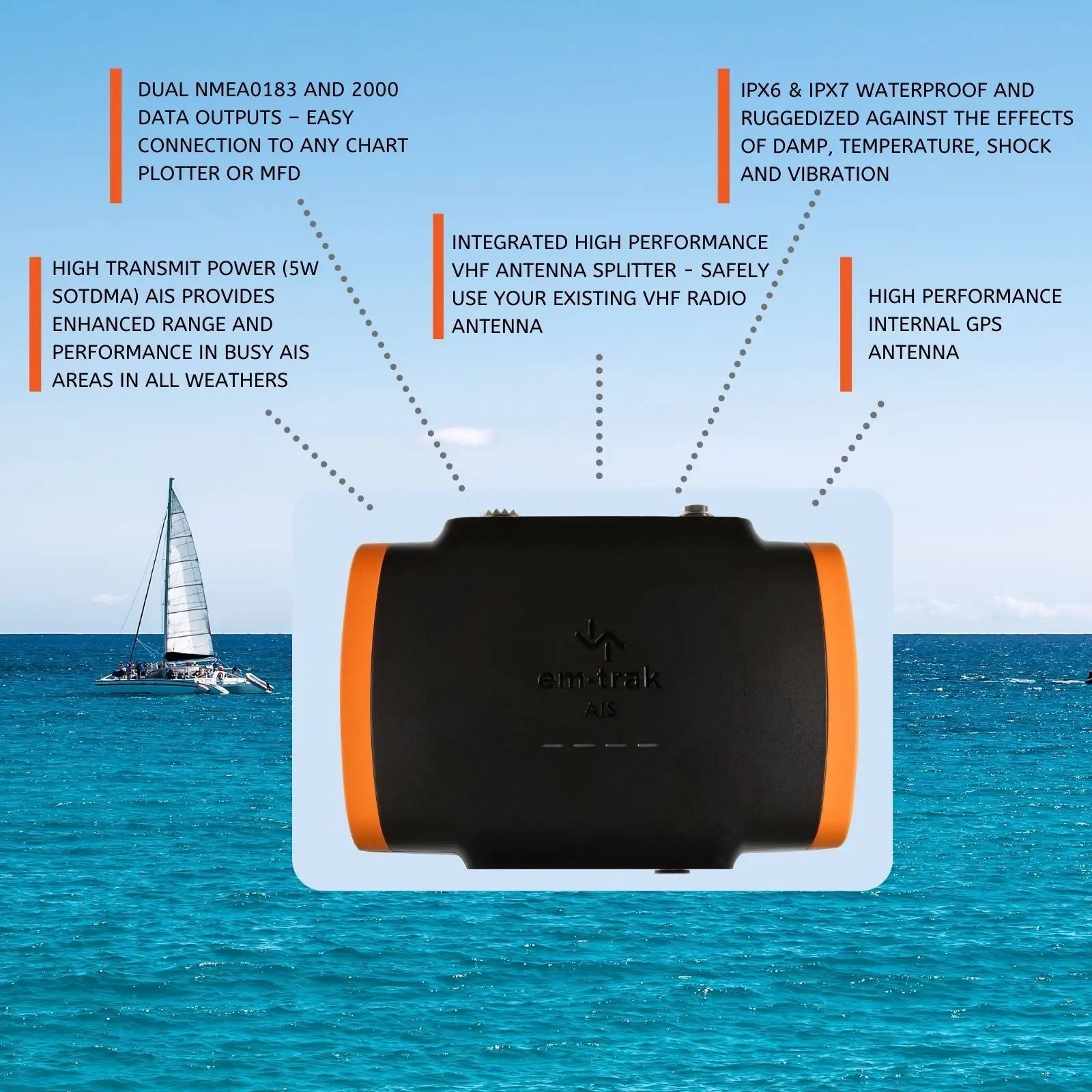 em-trak B953 5W SOTDMA Class B AIS Transceiver with VHF Antenna Splitter and FLEXI-FIT Bracket (430-0013)