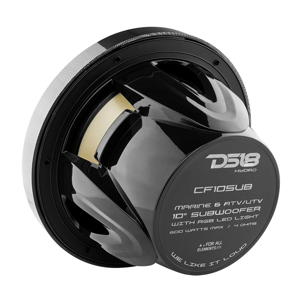 DS18 HYDRO 10" Subwoofer with RGB Lights - 600W - Carbon Fiber (CF-10SUB)