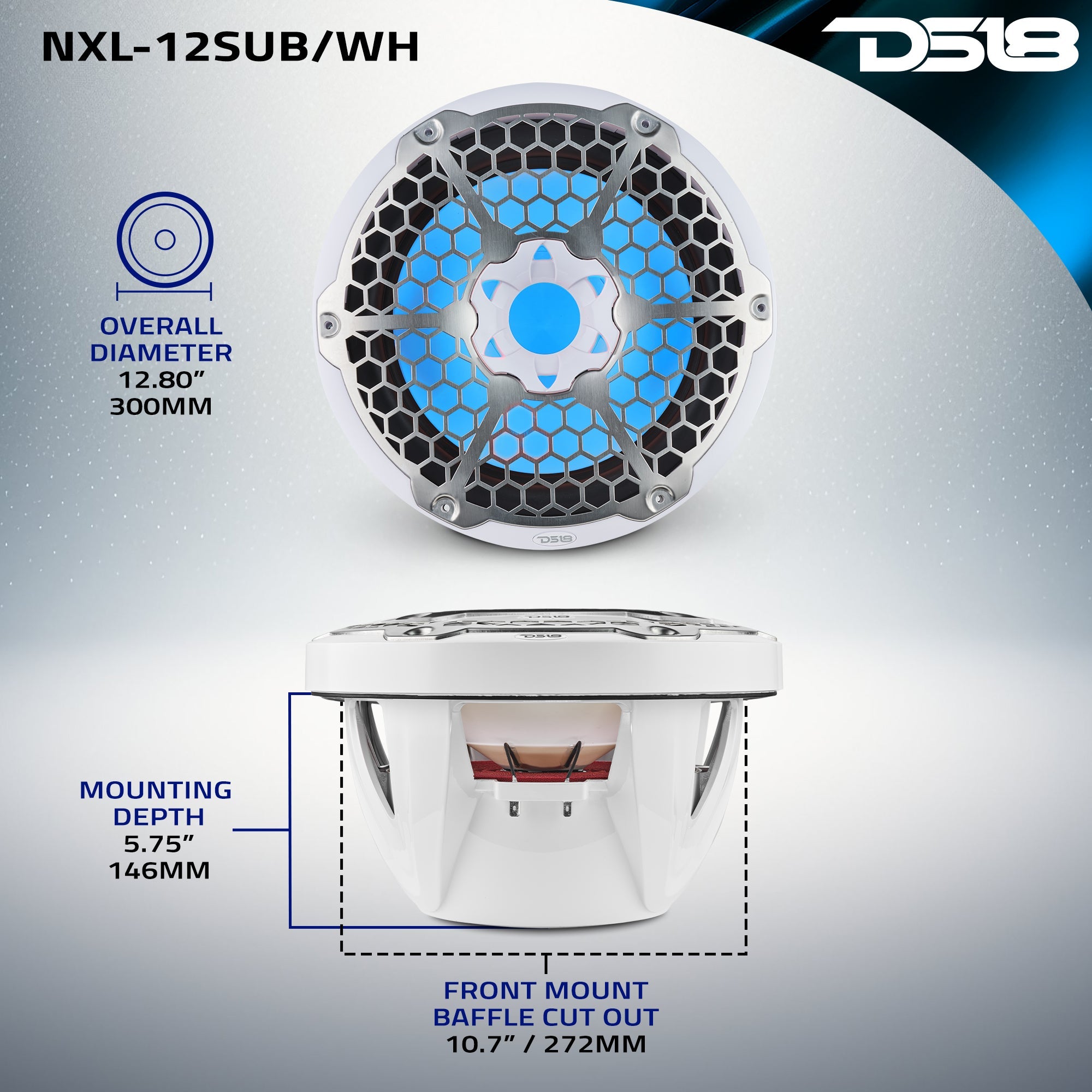 DS18 HYDRO 12" Subwoofer with RGB Lights - 700W - White (NXL-12SUB/WH)