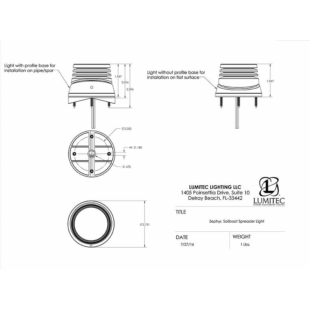 Lumitec Zephyr LED Spreader/Deck Light -Brushed, Black Base - White Non-Dimming (101326)