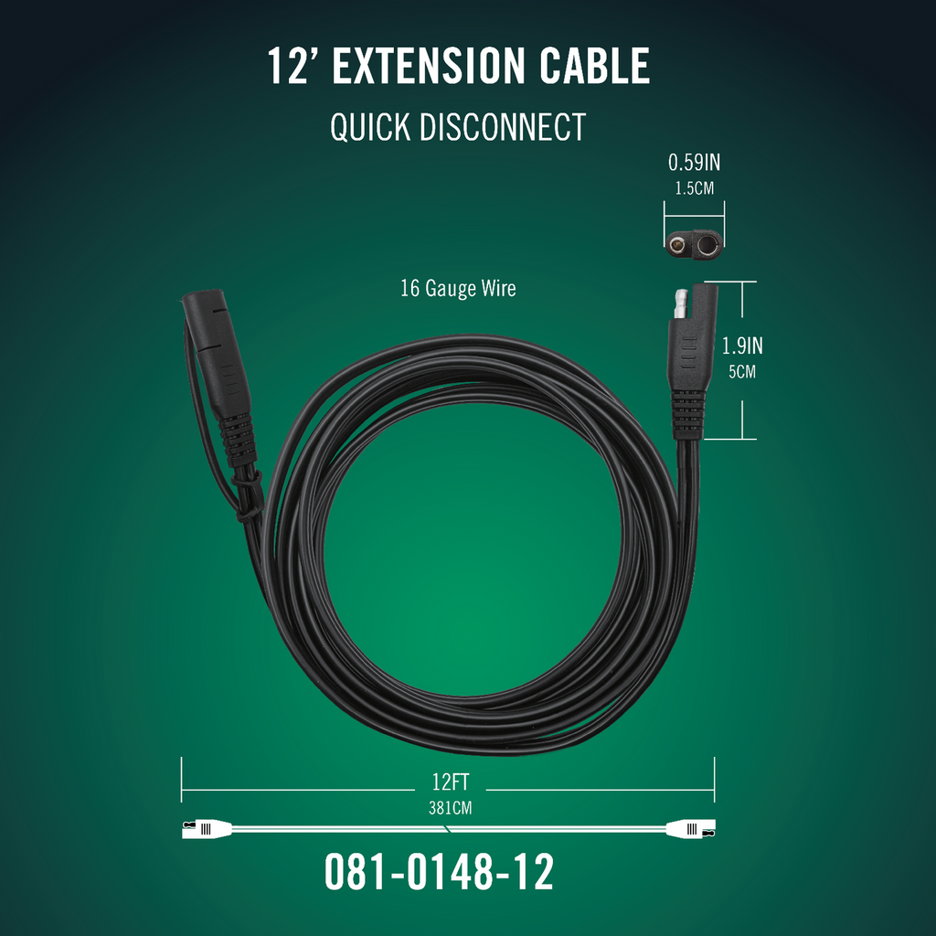 Battery Tender 12' SAE Quick Disconnect Extension Cable for Junior, Plus, or 2/4/5/10-Bank Chargers (081-0148-12)