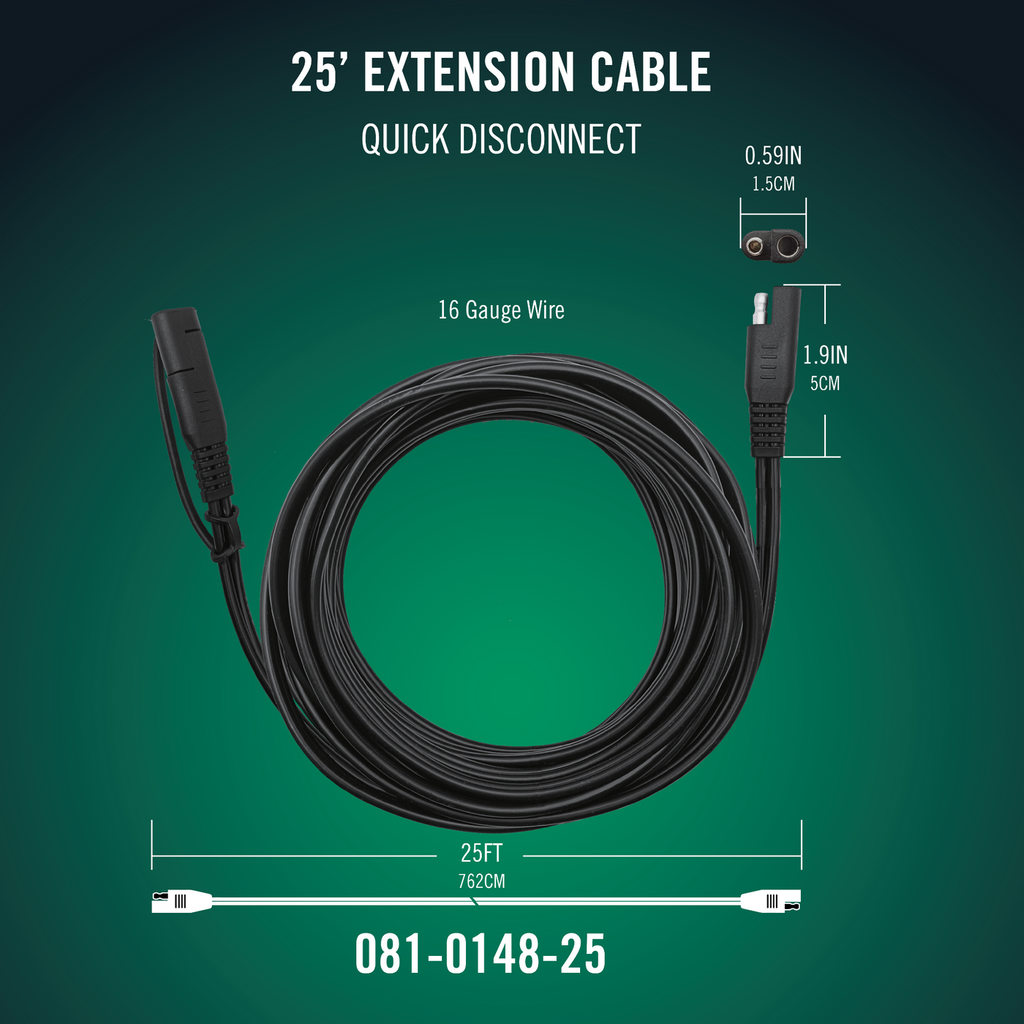 Battery Tender 25' SAE Quick Disconnect Extension Cable for Junior, Plus, or 2/4/5/10-Bank Chargers (081-0148-25)